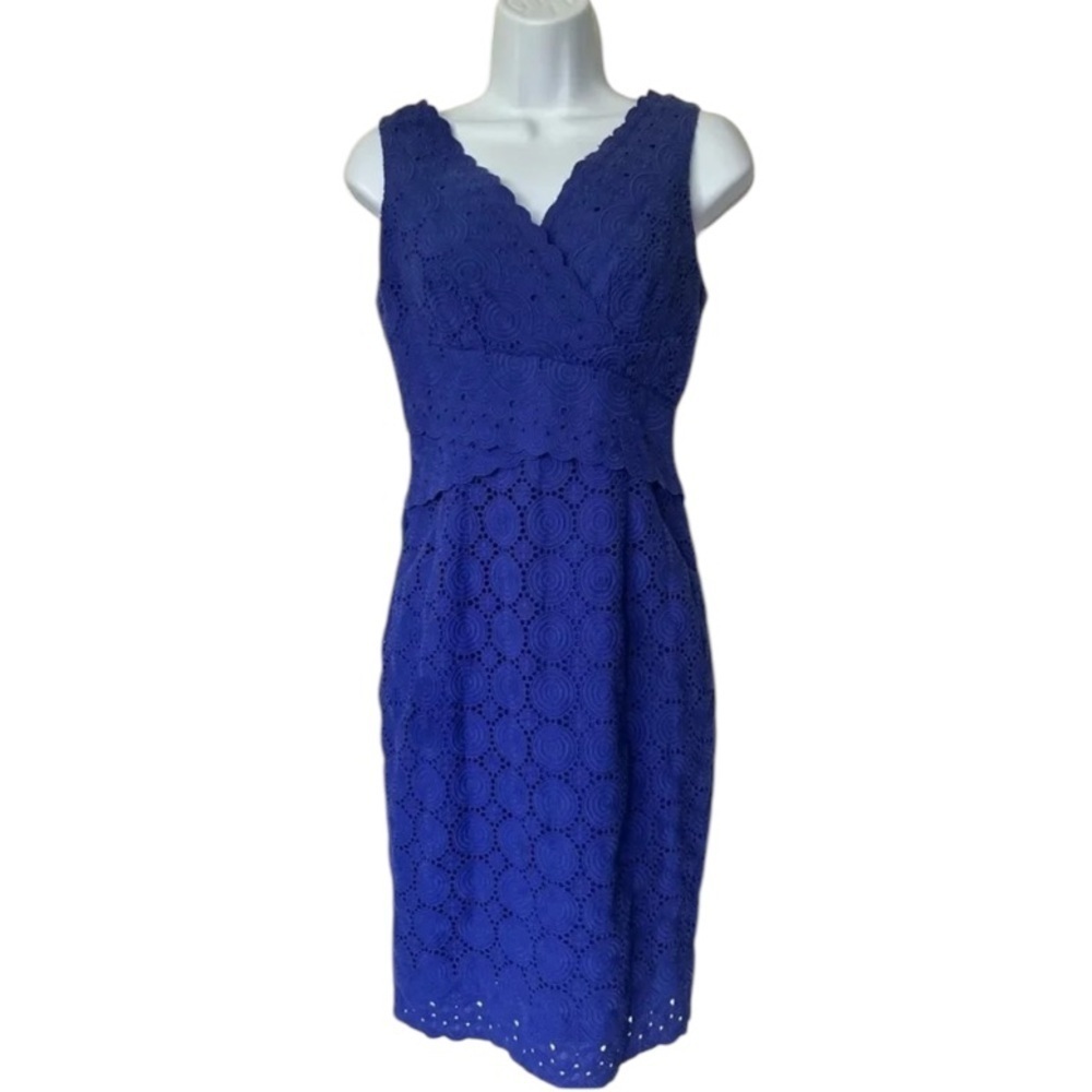 Kay Unger sheath dress blue sleeveless eyelet lace cotton excellent Size 2 - Picture 8 of 9